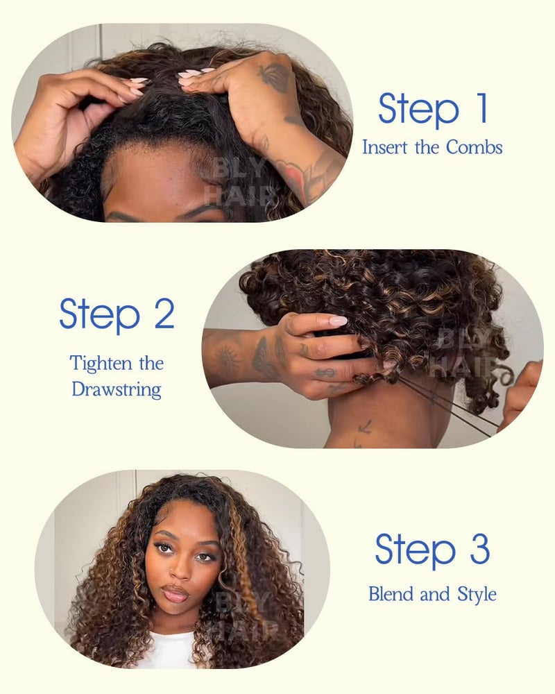 بلاي باروكة شعر طبيعي نصفية مموجة من BLY، 3 في 1، بدون غراء، برباط قابل للطي، مناسبة للنساء، لون 1B، 30 لون، كثافة 180، باروكة بوب قصيرة 16 بوصة - Image 3